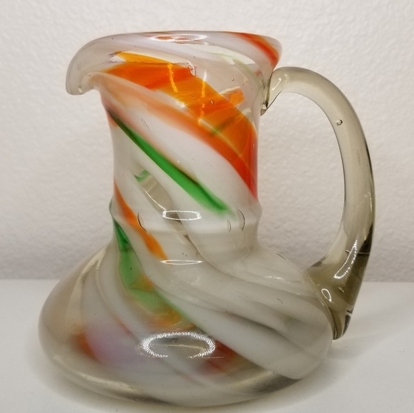 Hand Blown Art Glass Pitcher Orange Green White Swirl Design 20oz - Picture 3 of 12